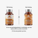 Comparison of old and new Ayumi Harde Haritaki packaging on a white background