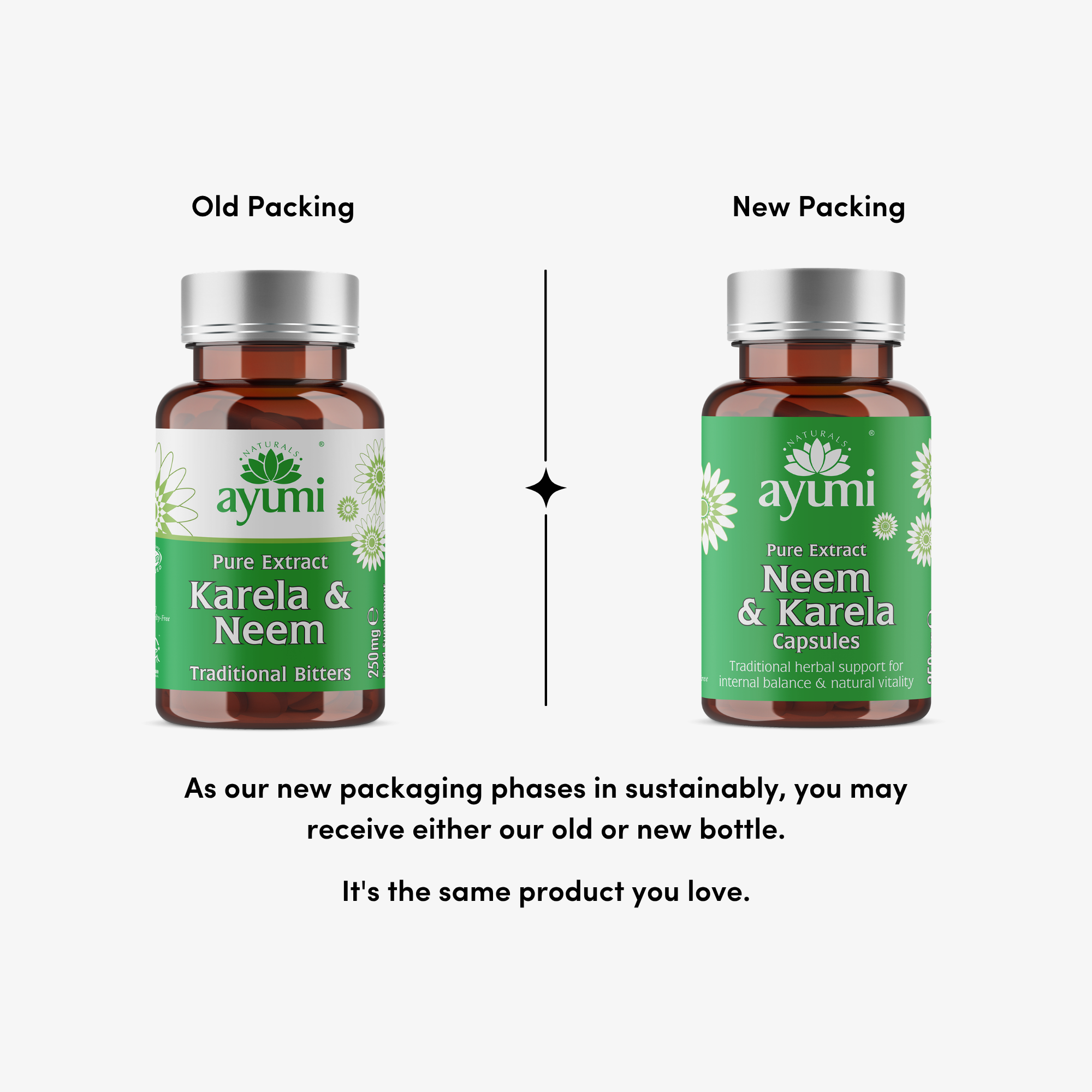 Comparison of old and new Ayuni Karela & Neem packaging on a white background