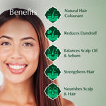 Woman with brown hair and a list of benefits about Ayumi Herbal Henna on a green background