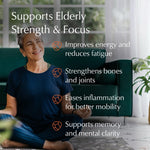 Woman sitting on a rug with text about product benefits for elderly