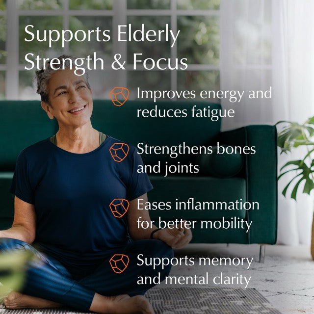 Woman sitting on a rug with text about product benefits for elderly