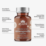 Ayumi Ashwagandha capsules bottle with product benefits listed on a white background