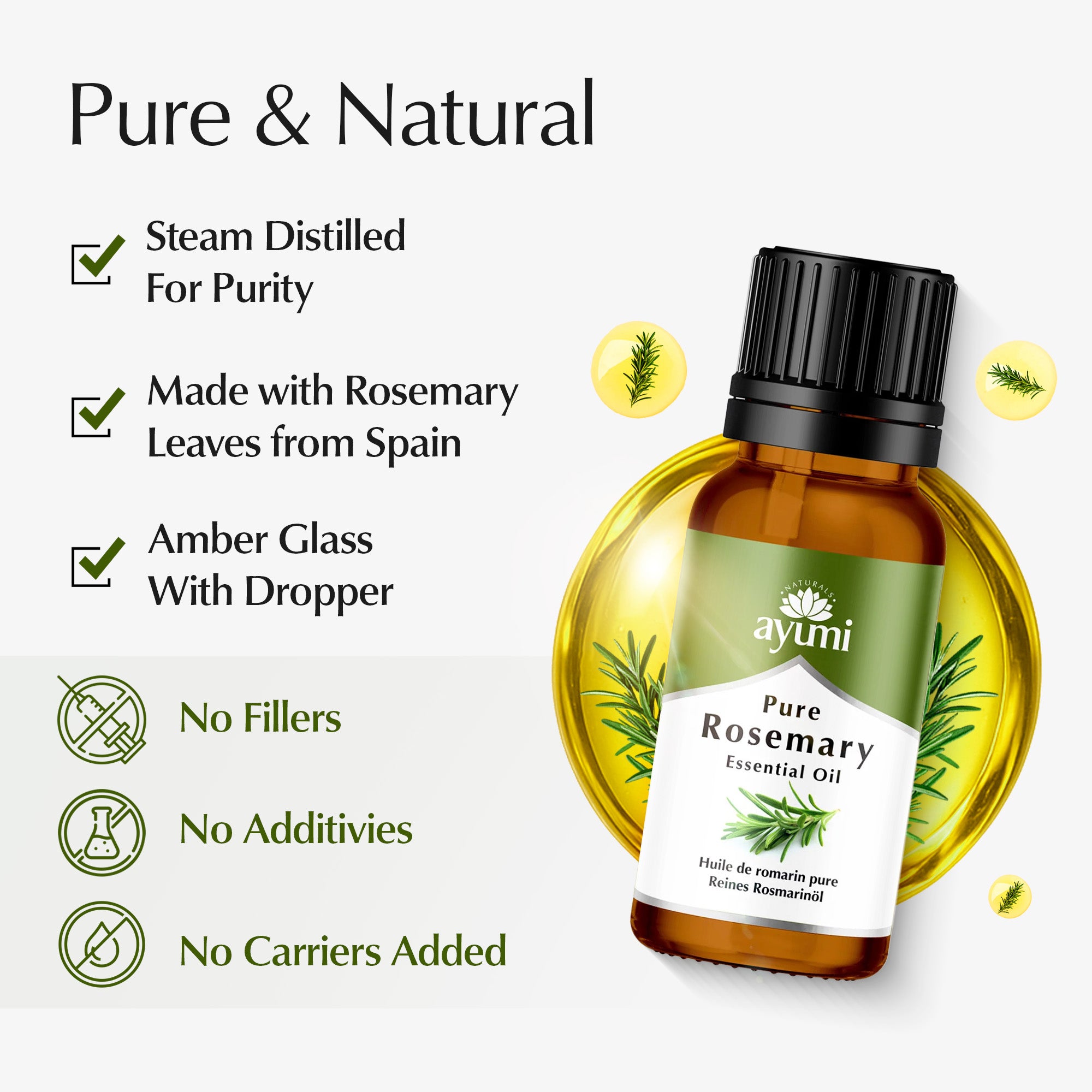 Ayuni Pure Rosemary Essential Oil bottle with product features listed on a white background
