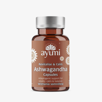 Ayumi Ashwagandha capsules bottle on a white background