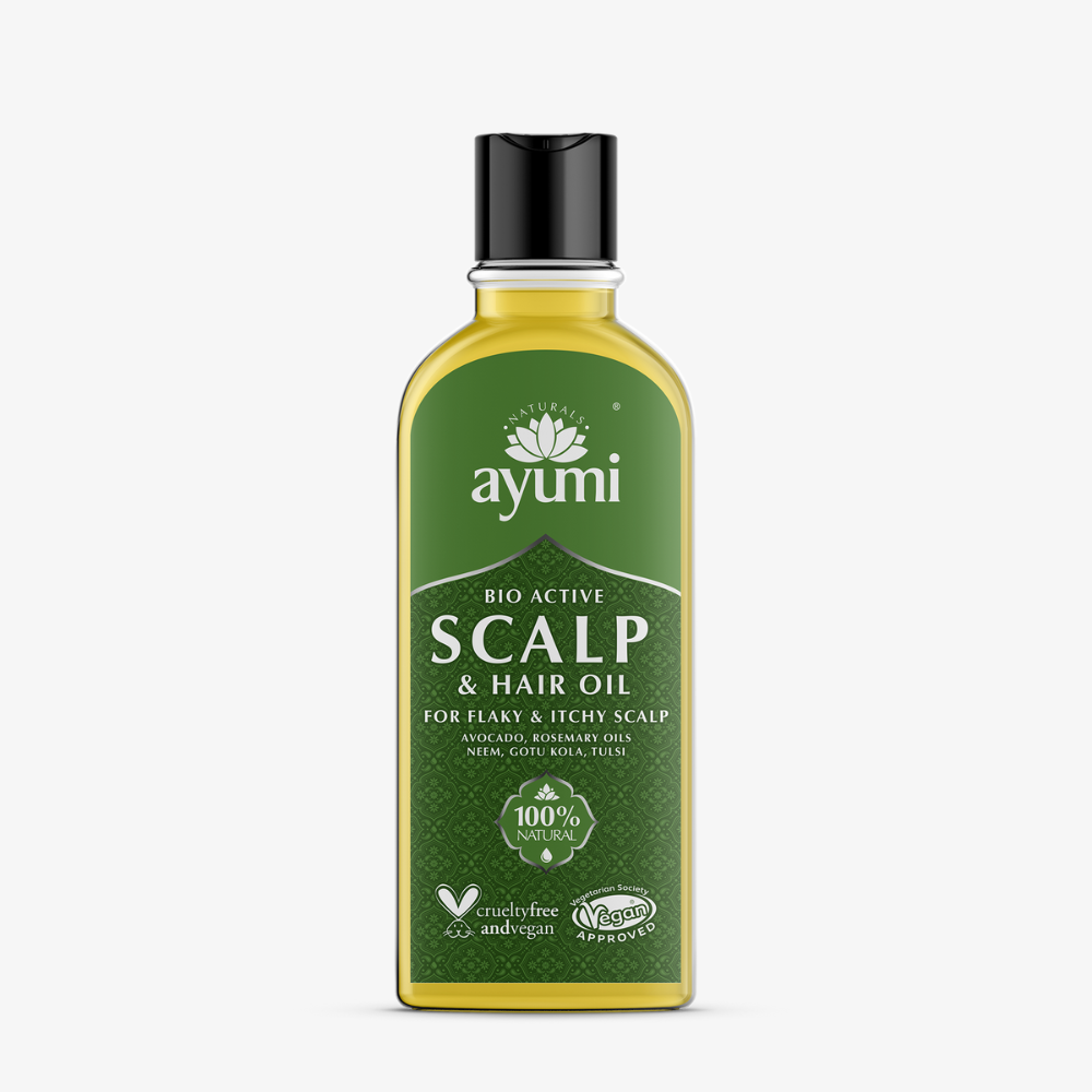 Ayumi scalp and hair oil bottle on a white background