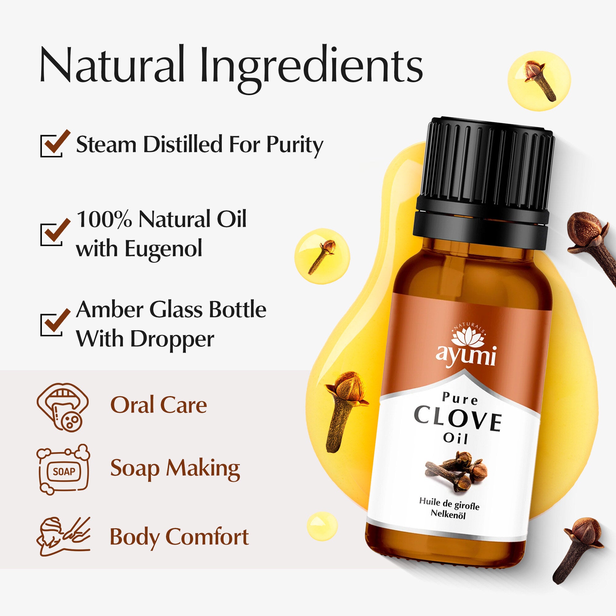 Ayumi Pure Clove Oil bottle with natural ingredients listed on a white background
