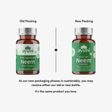 Comparison of old and new packaging for Ayumi Neem capsules on a white background.