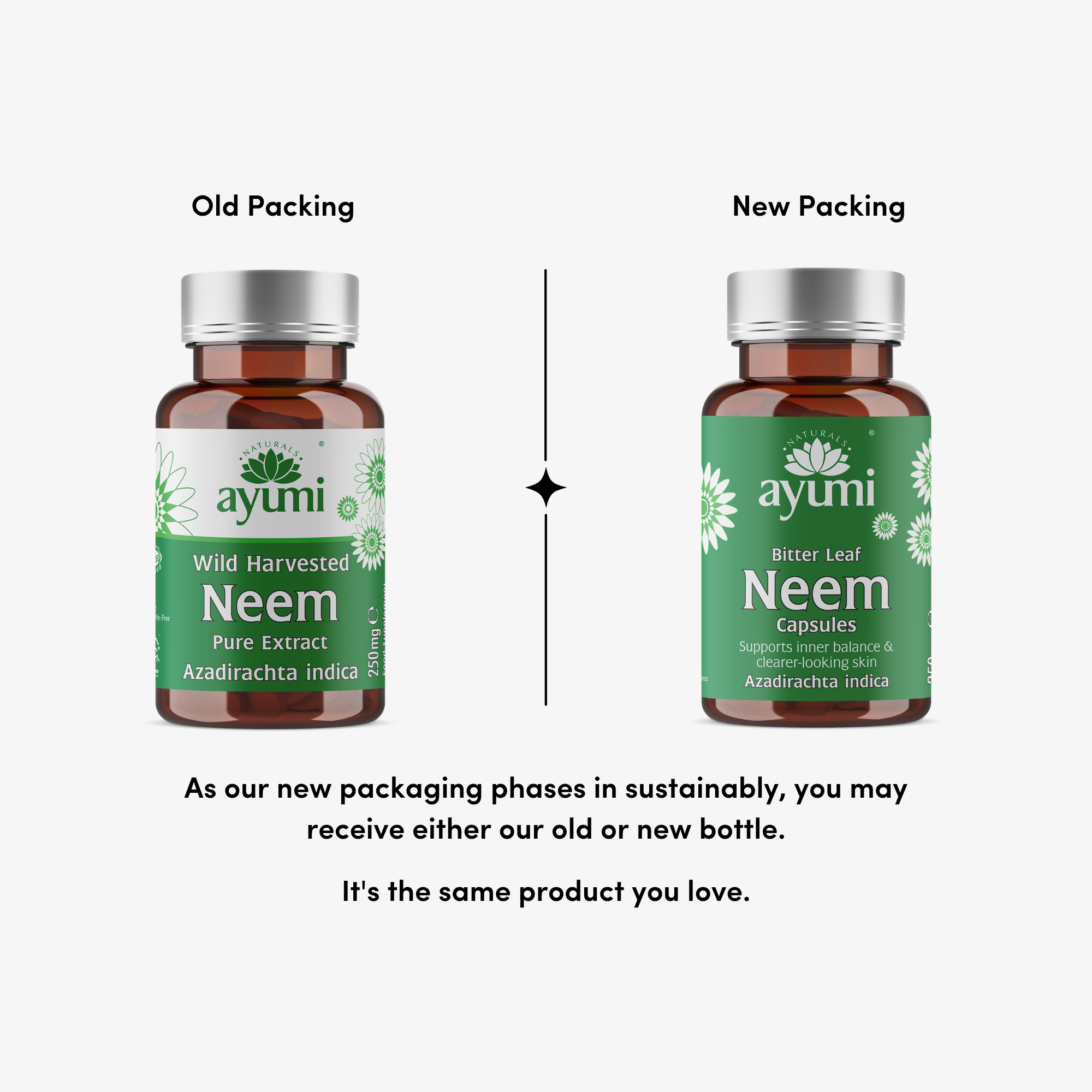 Comparison of old and new packaging for Ayumi Neem capsules on a white background.