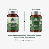 Comparison of old and new Ayumi Bhringraj Powder packaging on a white background