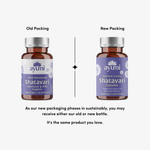 Comparison of old and new Ayumi Shatavari capsule packaging on a white background.