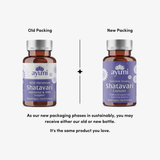 Comparison of old and new Ayumi Shatavari capsule packaging on a white background.