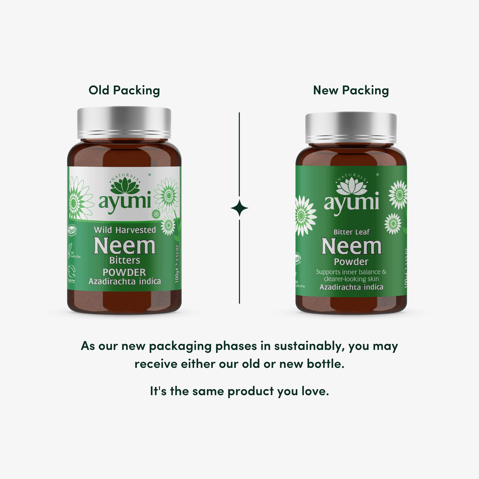 Comparison of old and new Ayumi packaging for Neem products on a white background.