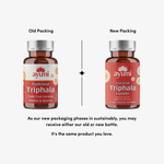 Two bottles of Ayuni Traditional Triphala with text about packaging changes on a white background