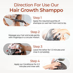 Instructions for using hair growth shampoo with step-by-step guidance on a white background.