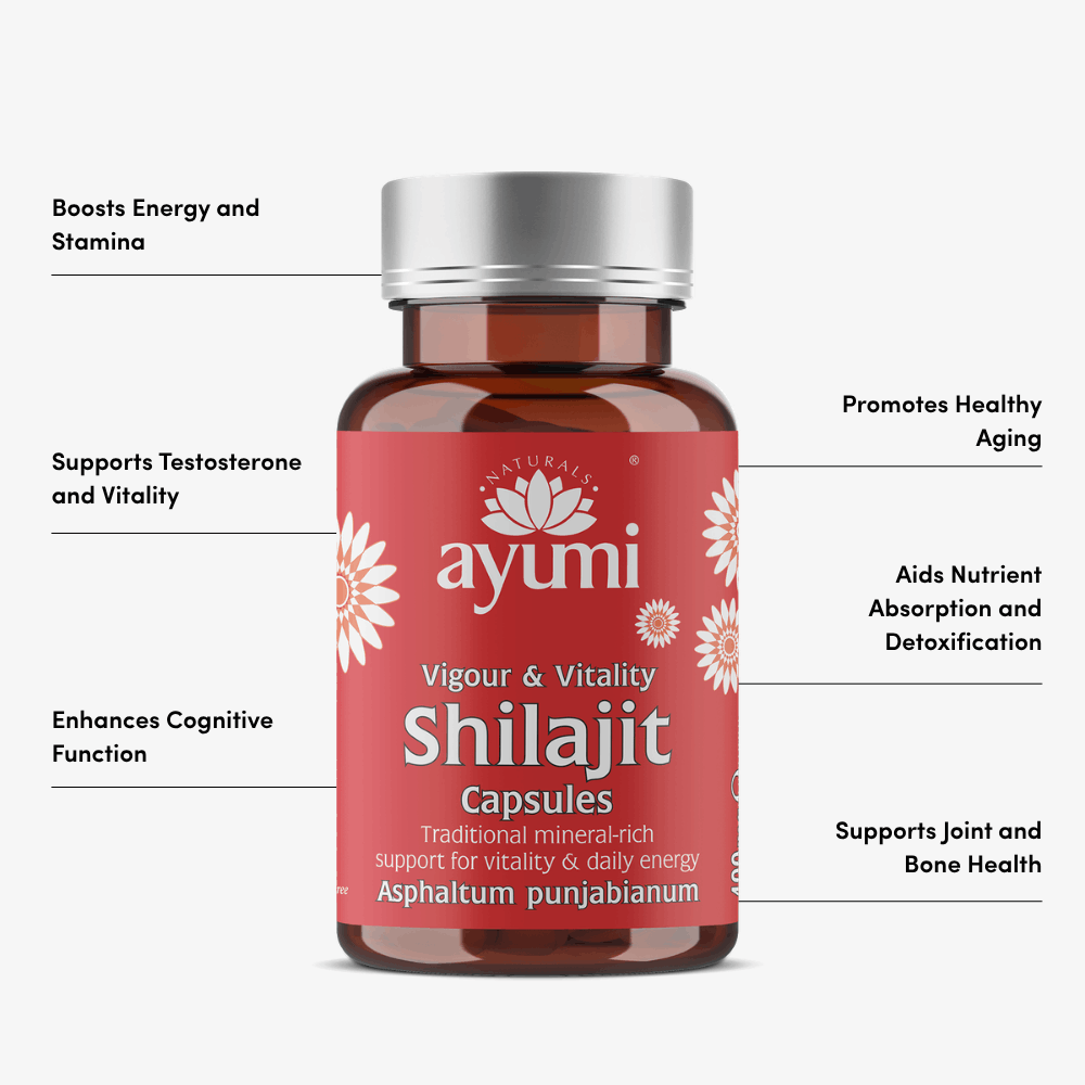 Ayumi Shilajit capsules bottle with label on a white background