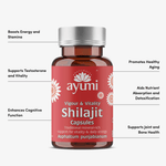 Ayumi Shilajit capsules bottle with label on a white background