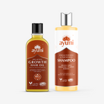 Ayumi hair care products including growth hair oil and shampoo on a white background