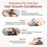 Instructions for using hair growth conditioner with step-by-step guidance on a white background.