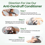 Instructions for using anti-dandruff conditioner with step-by-step guide on a white background.