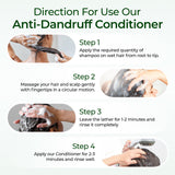 Instructions for using anti-dandruff conditioner with step-by-step guide on a white background.