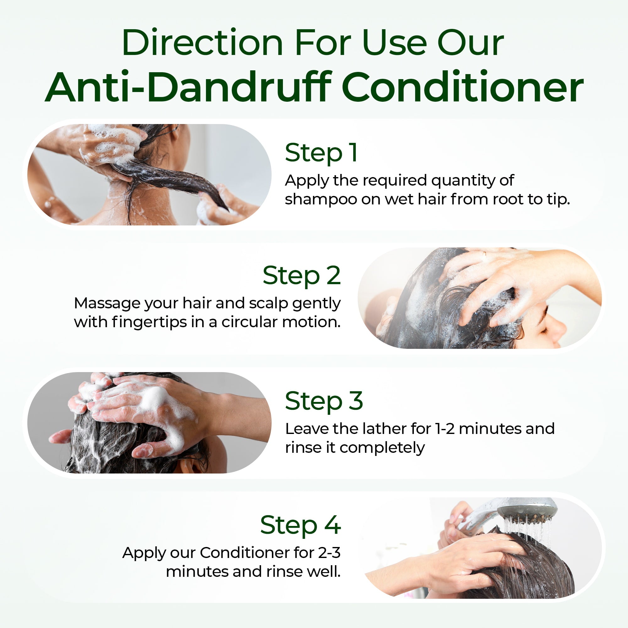 Instructions for using anti-dandruff conditioner with step-by-step guide on a white background.