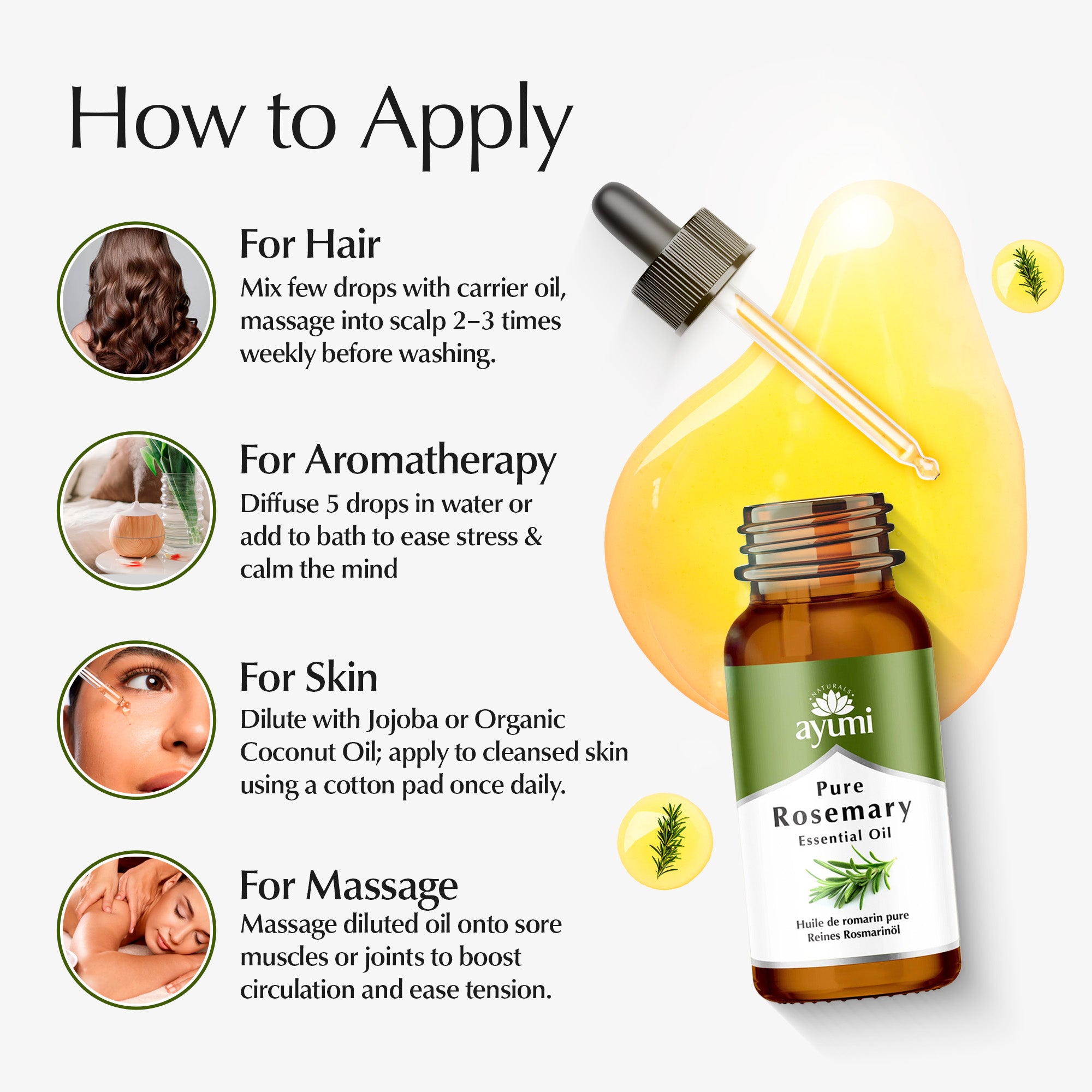 Ayumi Pure Rosemary Essential Oil bottle with usage instructions on a white background
