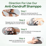 Instructions for using anti-dandruff shampoo with step-by-step guide and images of application.
