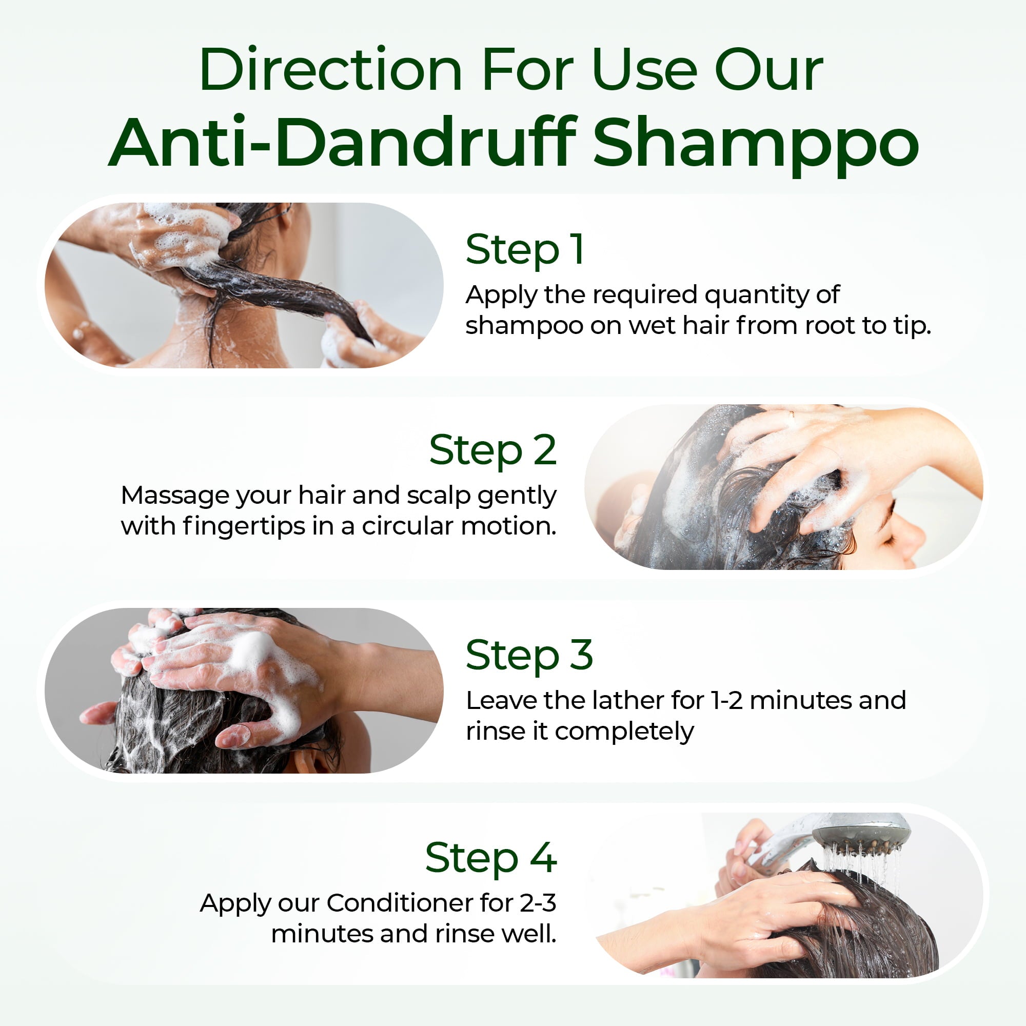 Instructions for using anti-dandruff shampoo with step-by-step guide and images of application.