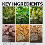 Key ingredients used in a hair care product with images and descriptions.