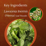 Ayumi Henna Key ingredients of Lawsonia Inermis (Henna) Leaf Powder with close-up images on a brown background.