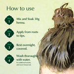 Instructions on how to use henna for hair with a close-up of a person's head and text overlay.
