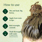 Instructions on how to use henna for hair with a close-up of a person's head and text overlay.
