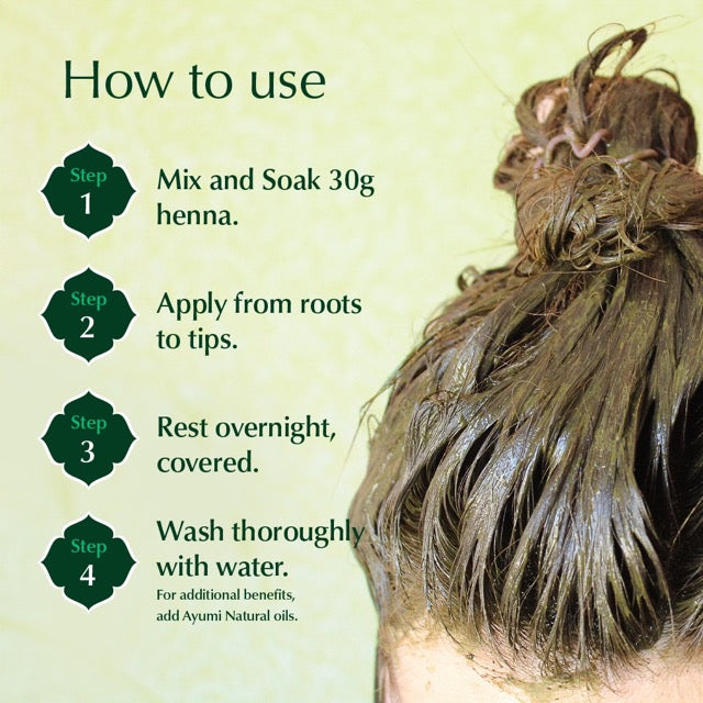 Instructions on how to use henna for hair with a close-up of a person's head and text overlay.
