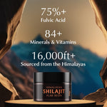 Himalayan Shilajit jar with mountainous background and text about its properties.