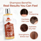 Ayumi shampoo bottle with benefits on a white background