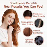 Woman with long red hair touching her hair, with conditioner benefits text and icons on a white background.