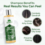 Ayumi shampoo bottle with benefits listed on a white background