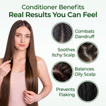 Woman with long hair holding it, with conditioner benefits listed on a white background