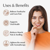 Woman with a smile, with text listing uses and benefits on a white background