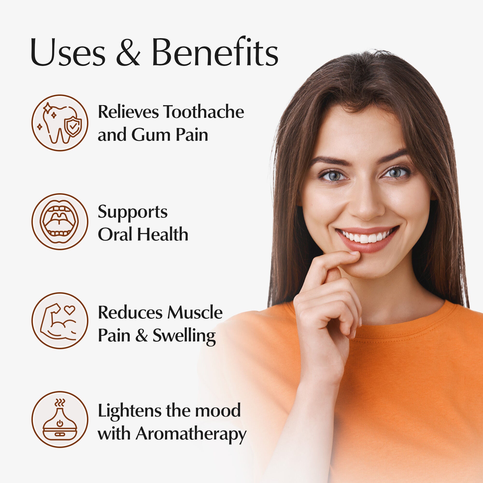 Woman with a smile, with text listing uses and benefits on a white background