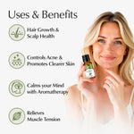 Woman holding a bottle of essential oil with text on uses and benefits on a white background
