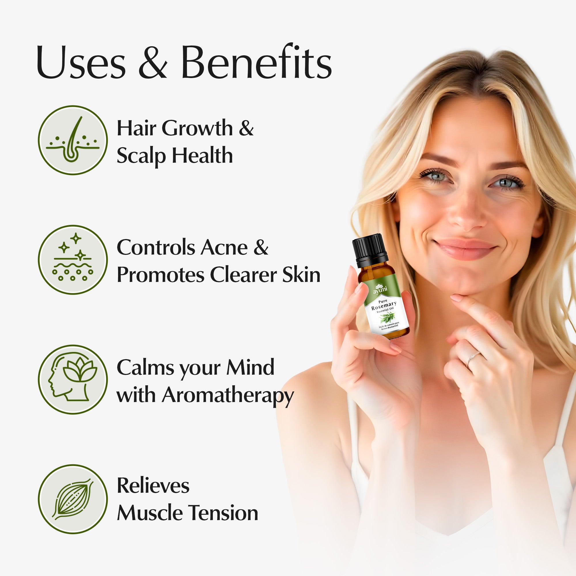 Woman holding a bottle of essential oil with text on uses and benefits on a white background
