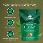 Ayumi Herbal Henna package with branding and product details on a green background