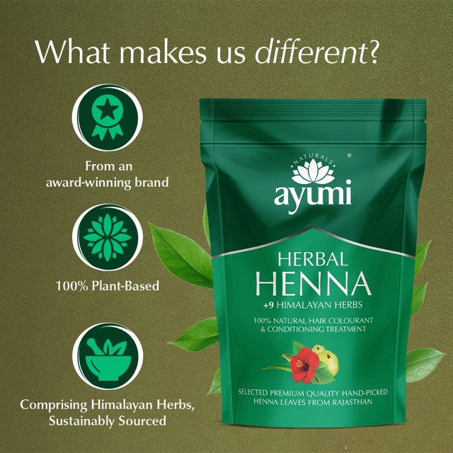Ayumi Herbal Henna package with branding and product details on a green background