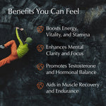 Person climbing a rocky wall with text about health benefits on a dark background