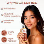 Woman holding a shampoo bottle with product features listed above her