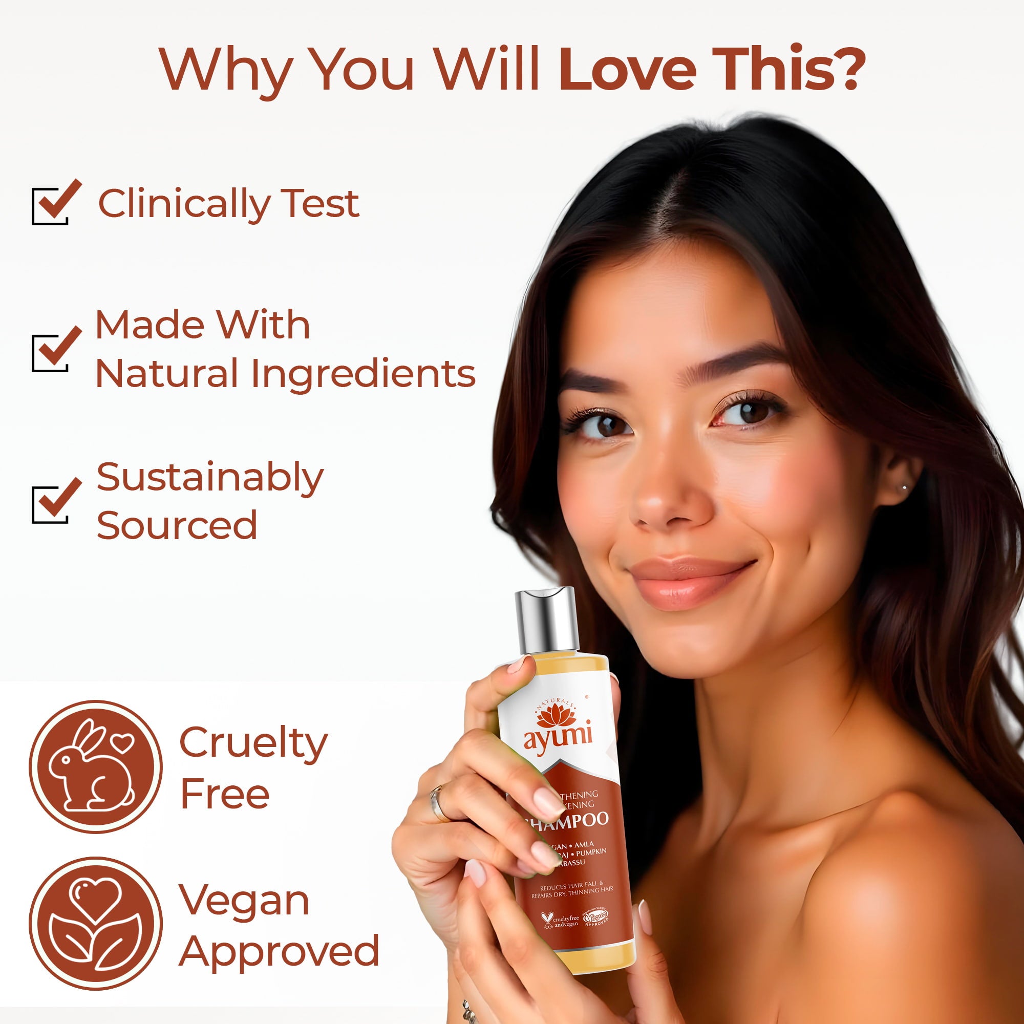 Woman holding a shampoo bottle with product features listed above her