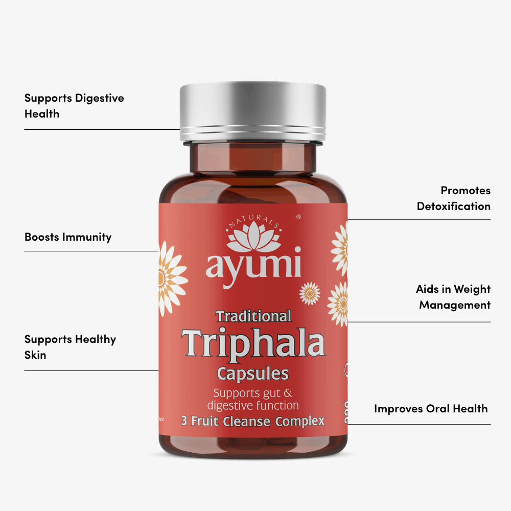 Ayumi Traditional Triphala Capsules bottle with listed benefits on a white background