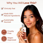 Woman holding a bottle of Ayumi product with features listed on a white background