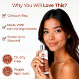 Woman holding a bottle of Ayumi product with features listed on a white background